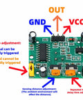 Close-up of PIR motion sensor circuit board with labeled connections and trigger adjustments, part of 5 Pack PIR Motion Sensor Kit Compatible With HC SR501 For Arduino Raspberry Pi STM32 Includes 2 Durable Cases, Easy Plug And Play Setup, Strong Detection Range, Ideal For DIY Projects, Home Automation And Security Systems.