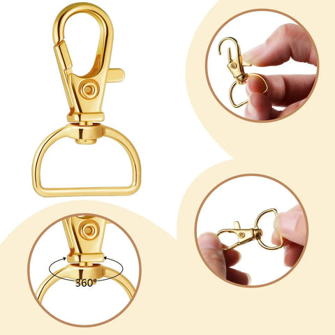 Close-up of 24mm gold lobster clasp from 100 Piece Hardcore Swivel Keychain Clips With D Rings And Lobster Clasps In Eight Bold Colors.
