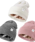 3 Pack Satin Lined Winter Beanie Hats For Women And Men, Knit Beanies That Stay Warm, Soft Acrylic With Cozy Cuff in pink, white, gray