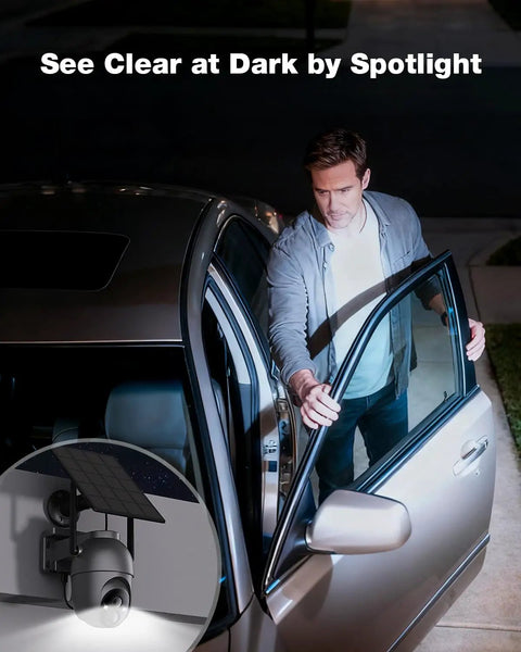 Night view of man exiting car illuminated by Wireless Outdoor Security Camera System 4 Camera Kit With Local Storage No Subscription.