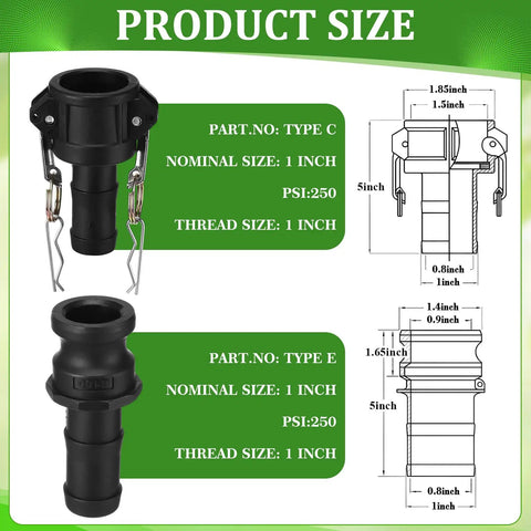 2 Set Type C And E 1 Inch Camlock Fittings Kit Polypropylene Cam And Groove Hose Fittings dimensions diagram