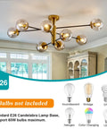 8 Light Sputnik Ceiling Light Fixture Semi Flush Mount with Glass Globe in Black and Gold in modern living room