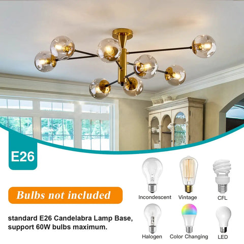 8 Light Sputnik Ceiling Light Fixture Semi Flush Mount with Glass Globe in Black and Gold in modern living room