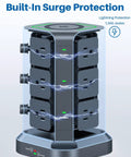 Power Strip Tower With 15W Wireless Qi Charger And Surge Protector, showing lightning protection and multiple AC outlets