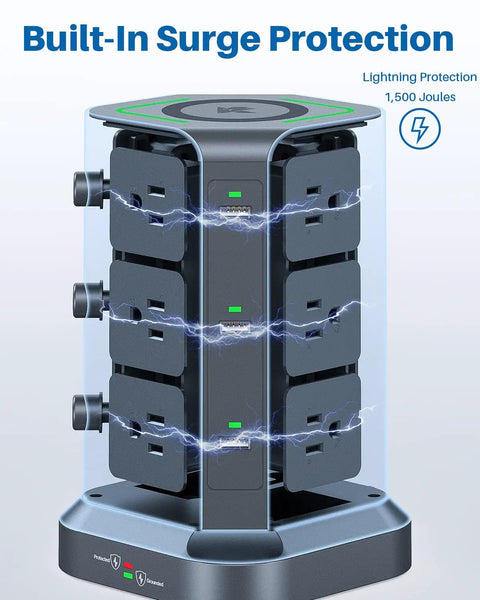 Power Strip Tower With 15W Wireless Qi Charger And Surge Protector, showing lightning protection and multiple AC outlets