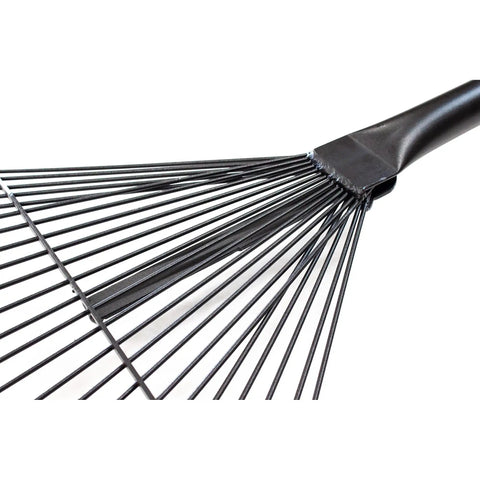 Heavy Duty Metal Leaf Rake With 24 High Carbon Tines And Fiberglass Handle For Leaves, Debris, And Thatching In Lawns And Gardens.