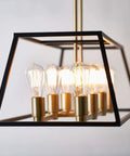Mid Century Modern Geometric Chandelier With Black And Gold Accents in rectangular frame, eight lights, close-up view