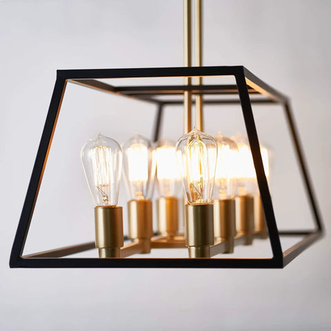Mid Century Modern Geometric Chandelier With Black And Gold Accents in rectangular frame, eight lights, close-up view
