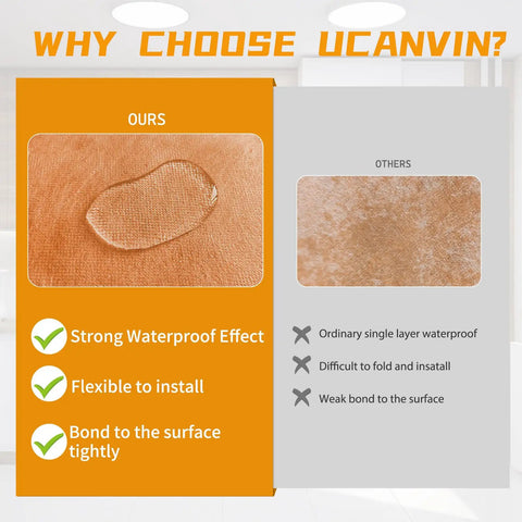 Comparison of orange waterproof barrier showing water resistance and flexibility vs ordinary material. Waterproofing Membrane Roll 30 Mils Thick 5 In By 98.5 Ft Underlayment For Tile Floors Showers And Bathrooms Orange Polyethylene Fabric Waterproof Barrier Durable And Easy To Install featured.