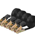 Heavy Duty Nylon Ratchet Tie Down Straps For Cargo And Gear With Black Webbing Rugged Track Spring Fittings, shown in 4-pack