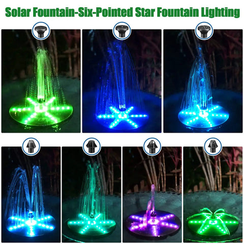 Solar Fountain Pump With Battery Power 4W Bird Bath Kit, 7 Nozzles, 30 LED Star Lights, illuminated in night garden