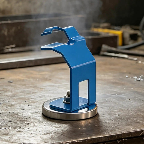 Heavy Duty Welding Magnetic Torch Holder With Strong Base For Secure Anti Slip MIG Torch Stand Precision Rack For Professional Workshop Use on a workbench.
