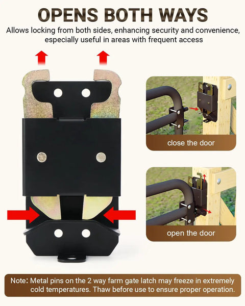 Heavy Duty Two Way Farm Gate Latch With Self Locking Nut And Matte Black Coating for secure locking from both sides.