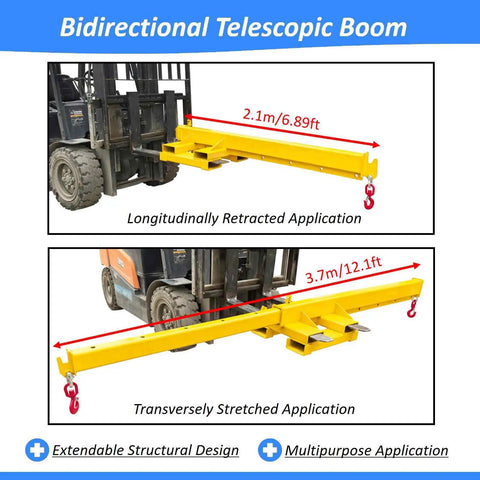 Heavy Duty Forklift Jib Crane 3 Ton Capacity Telescopic Boom Hoist showing retracted and stretched positions for versatile use.