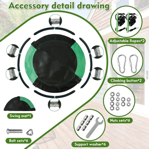 Accessory details of Spacious 48 Inch Saucer Swing with steel frame and thick foam, black and dark green, showing ropes and fasteners.