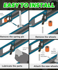 Installation guide for Heavy Duty Load Wheel Kit For Crown WP 3000 Electric Pallet Jack as seen in four step illustrations.