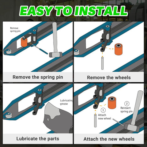 Installation guide for Heavy Duty Load Wheel Kit For Crown WP 3000 Electric Pallet Jack as seen in four step illustrations.
