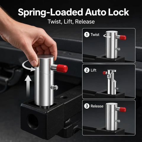 Straight Up Heavy Duty Spring Loaded Twist Lock Plunger Pins showing twist, lift, release mechanism for wheel lift arms.