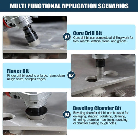 Diamond Hole Saw Kit 13 Piece Set for Ceramic Porcelain and Granite showing multifunctional core, finger, and chamfer bits.