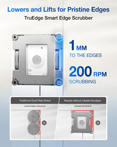 Winbot W2S Window Cleaning Robot With Edge To Edge Cleaning And TruEdge Scrubbers on glass panel demonstrating TruEdge scrubbers.
