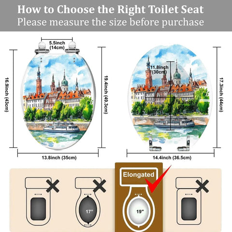 Elongated Resin Toilet Seat Quick Release for Bathroom dimensions guide, showing sizes and compatibility measurements.