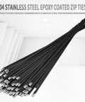 Heavy Duty Stainless Steel Epoxy Coated Zip Ties 11.8 Inches 100 Pack Self Locking displayed in a bundle with metal heads