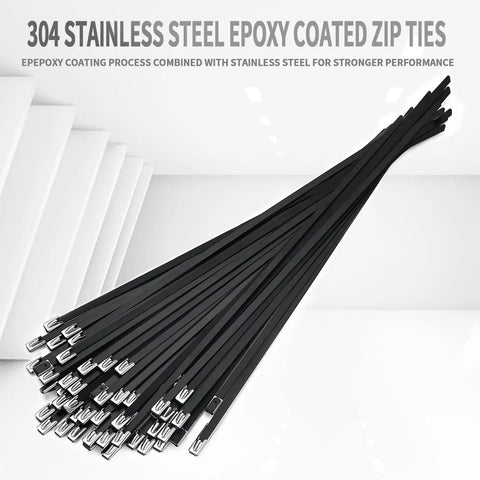 Heavy Duty Stainless Steel Epoxy Coated Zip Ties 11.8 Inches 100 Pack Self Locking displayed in a bundle with metal heads