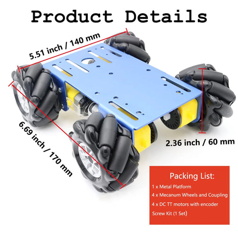 MC100 4WD mecanum wheel robot chassis on blue metal frame for Arduino Raspberry Pi Microbit robotics