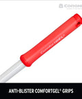 Close-up of the red ergonomic handle of Extended Reach Hoe And Cultivator All In One Garden Tool for Weed Busting Model GT 3244