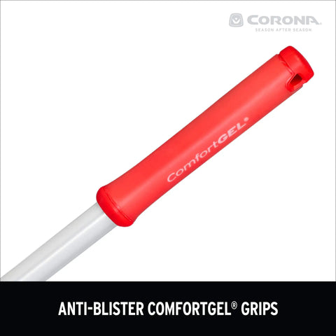 Close-up of the red ergonomic handle of Extended Reach Hoe And Cultivator All In One Garden Tool for Weed Busting Model GT 3244