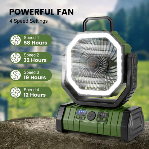 Camping Fan With LED Lantern And 30000mAh Battery, Rechargeable Tent Oscillating Fan with four speed settings displayed