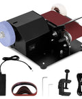 Heavy Duty Badass Mini Belt Sander And Bench Grinder Combo With 13 Inch Belt, shown with accessories and various belts.