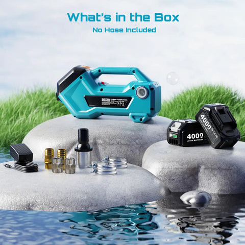 Badass Cordless Transfer Pump For Water And Diesel 760 GPH With 65 Foot Lift showing pump and batteries on stones near water.