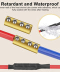 Heavy Duty 6 8 10 AWG Wire Connector Nut Kit With 80A Splicing Screws And Quick Wiring Connection Brass Terminals Screw Fixed Heat Shrink Butt Wire Connectors Set Of 10 For DIYers And Pros showcasing brass connectors with heat shrink tubing and wires.
