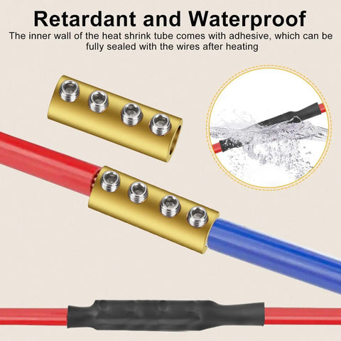Heavy Duty 6 8 10 AWG Wire Connector Nut Kit With 80A Splicing Screws And Quick Wiring Connection Brass Terminals Screw Fixed Heat Shrink Butt Wire Connectors Set Of 10 For DIYers And Pros showcasing brass connectors with heat shrink tubing and wires.