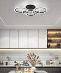 Sleek Modern LED Flush Mount Ceiling Light With Six Black Rings in a kitchen setting, low profile, 31.49 x 24.4 x 4.92 inches