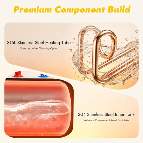 Premium components of Compact Under Sink Mini Water Heater, featuring 316L stainless steel heating tube and 304 inner tank.