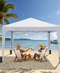 10x10 Pop Up Canopy With Sidewalls For A No Brainer Hassle Free Setup Portable Event Tent on beach with chairs and drinks