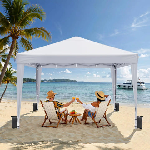 10x10 Pop Up Canopy With Sidewalls For A No Brainer Hassle Free Setup Portable Event Tent on beach with chairs and drinks
