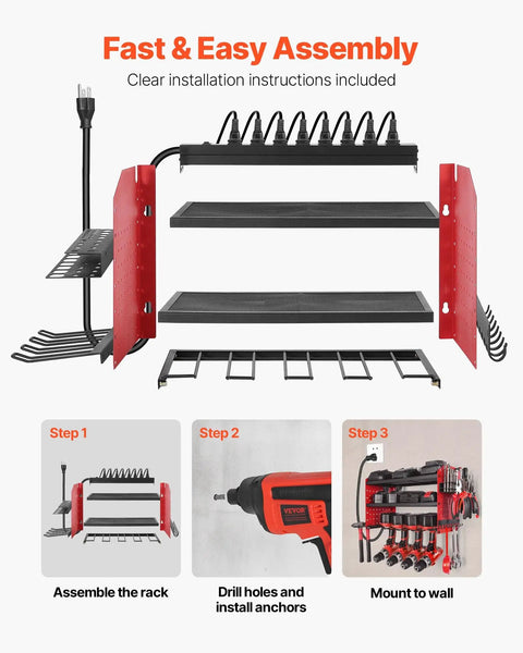 Power Tool Organizer With Charging Station And 3 Tier Drill Storage, Four Drill Slots And Side Pegboard, Built In Eight Outlet Power Strip For Garage Workbench And Workshop, Wall Mounted Tool Rack For Quick Grab And Easy Access with assembly instructions