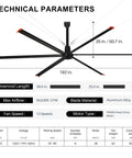 Beast Of A 192 Inch HVLS Ceiling Fan No Light For Large Spaces 16 Foot Giant Commercial HVLS Fan With 6 Aluminum Blades Delivers 353000 CFM Quiet DC Motor 120V Single Phase VFD Wall Control For Factory Workshop Gym technical parameters diagram