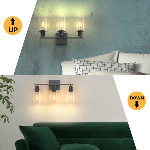 Black Vanity Lights For Bathroom With Glass Shade, Sleek Modern UL Listed Vanity Fixtures, Farmhouse Wall Sconces, light direction