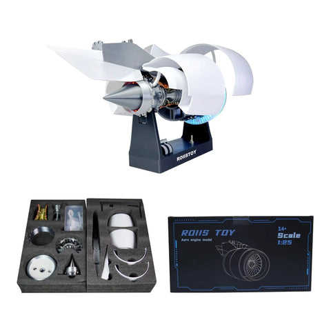 Massive Scale Turbofan Engine Building Kit With Ultra Complex Abundant Parts And Hyper Realistic Assembly displayed with box and components