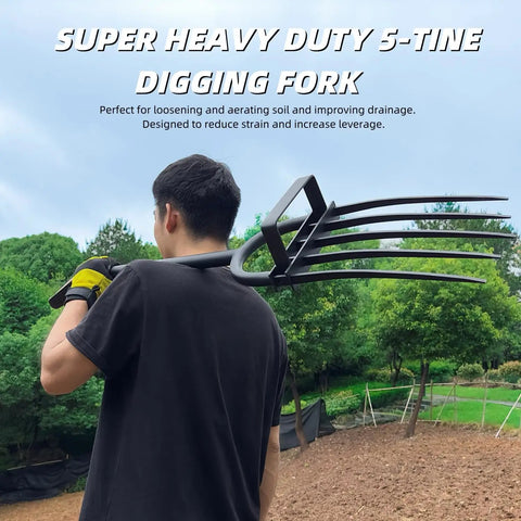 Man holding Heavy Duty Garden Fork With Five Diamond Point Tines, 45 Inch Long Hand Tiller in garden setting