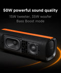 Close-up of Boom Out Loud Party Bluetooth Speaker 50W Power, featuring 15W tweeter and 35W woofer for powerful sound.