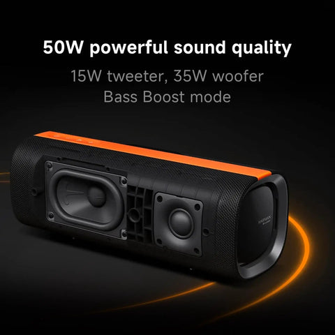 Close-up of Boom Out Loud Party Bluetooth Speaker 50W Power, featuring 15W tweeter and 35W woofer for powerful sound.