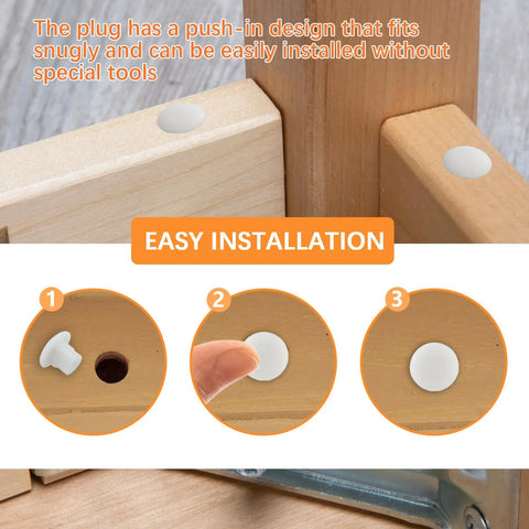 50Pcs 3/16 Inch Plastic Hole Plugs Snap In Shelf Plugs White Drilling Cover Plugs For Cabinets Cupboards And Shelves Quick Install No Fuss Durable PP Material Hides Holes And Keeps Furniture Clean installation process shown on wooden shelf.