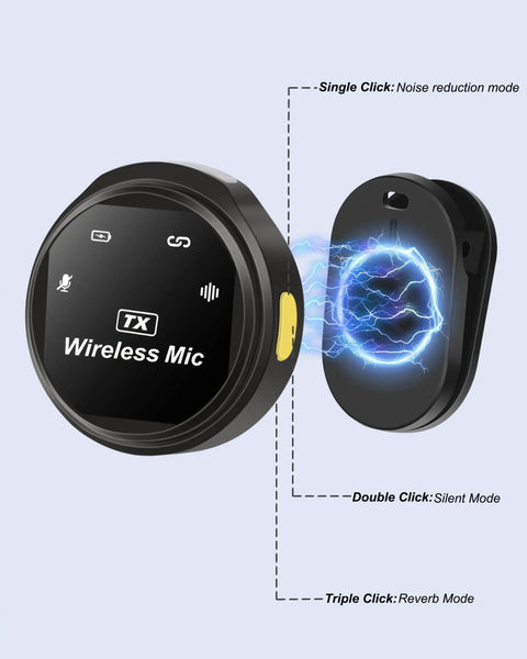 Wireless Lavalier Microphone For iPhone With AI Noise Cancellation And Plug And Play Design showing button click modes