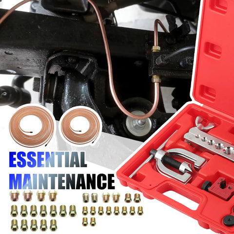 Copper Plated Brake Line Kit 25 Ft Set With 3/16 And 1/4 In Brake Lines Inverted Fittings Flare Tool in red case and installed line