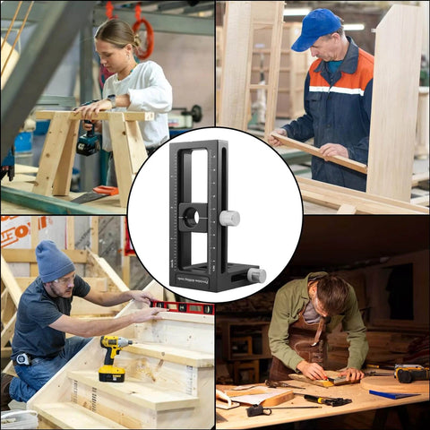 Collage with woodworkers using upgraded 2-in-1 drill guide positioning clamp with self-centering clamp for precise straight holes